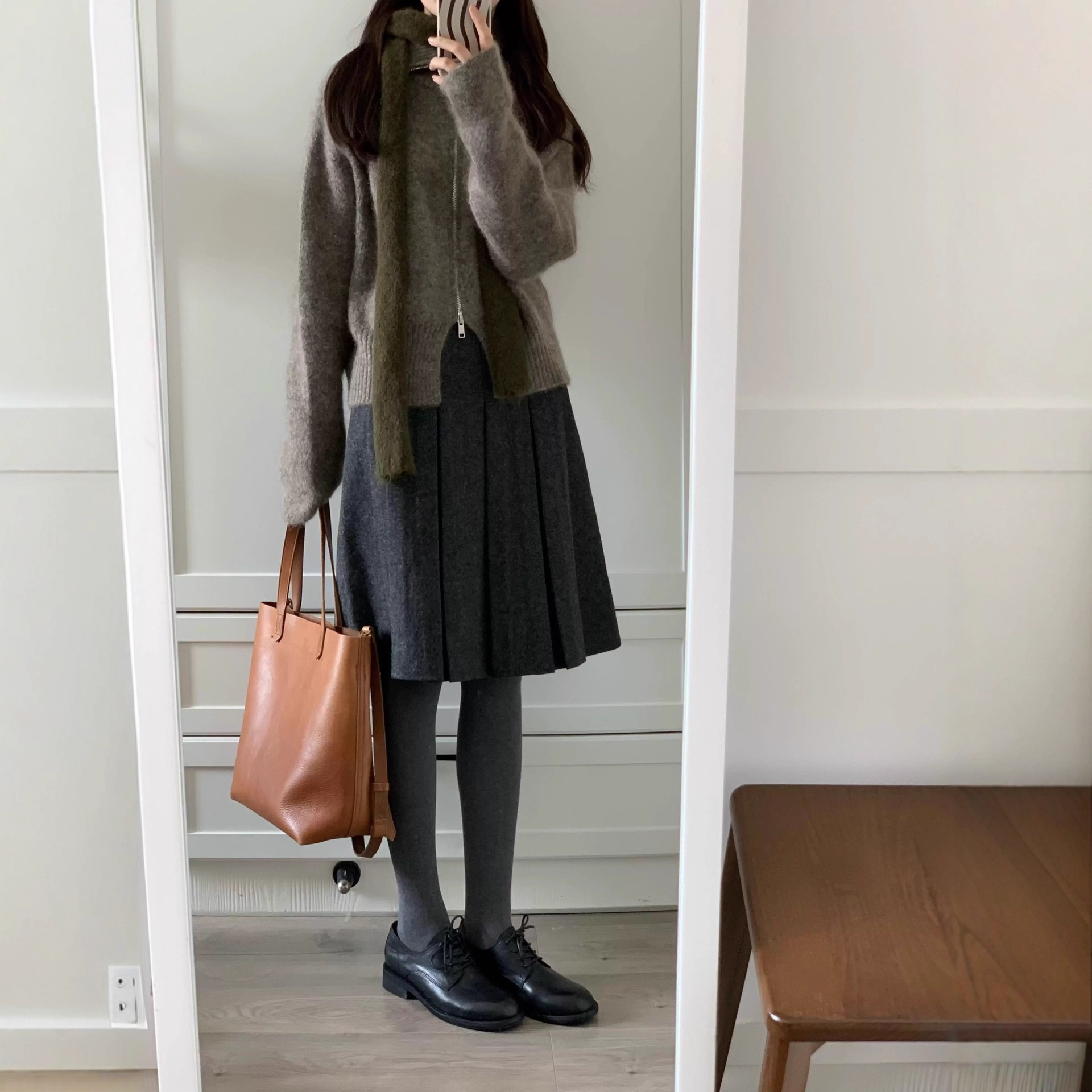 復古重工壓褶顯瘦高腰毛呢A字半身裙