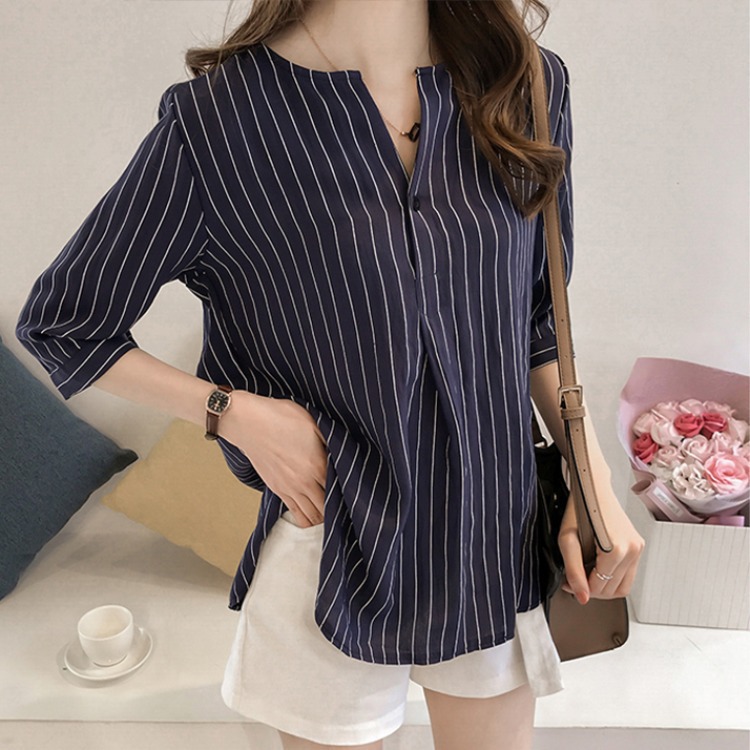 韓版休閒時尚寬鬆圓領條紋七分袖襯衫