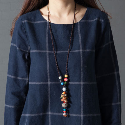 文藝寬鬆氣質格子棉麻長袖連身裙-HaloBless