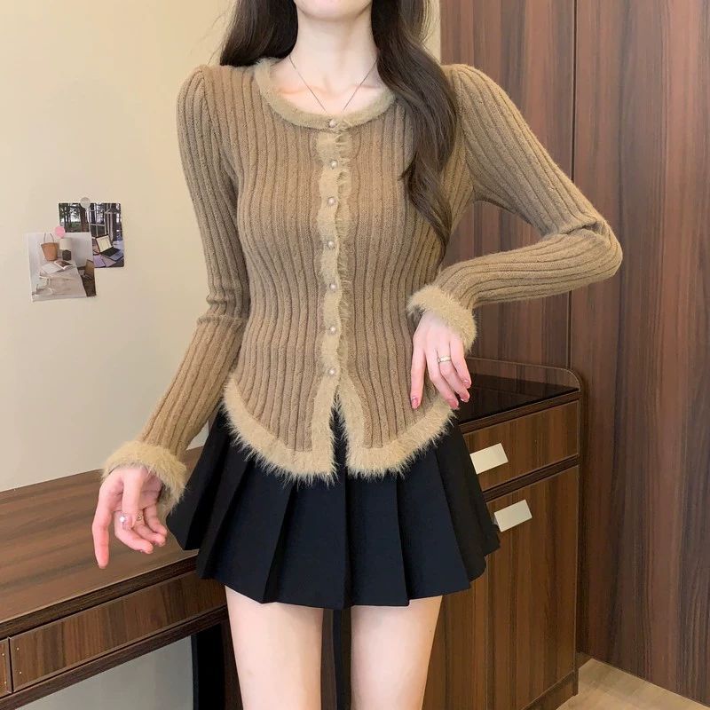 3色美拉德復古拼接毛邊修身顯瘦針織上衣