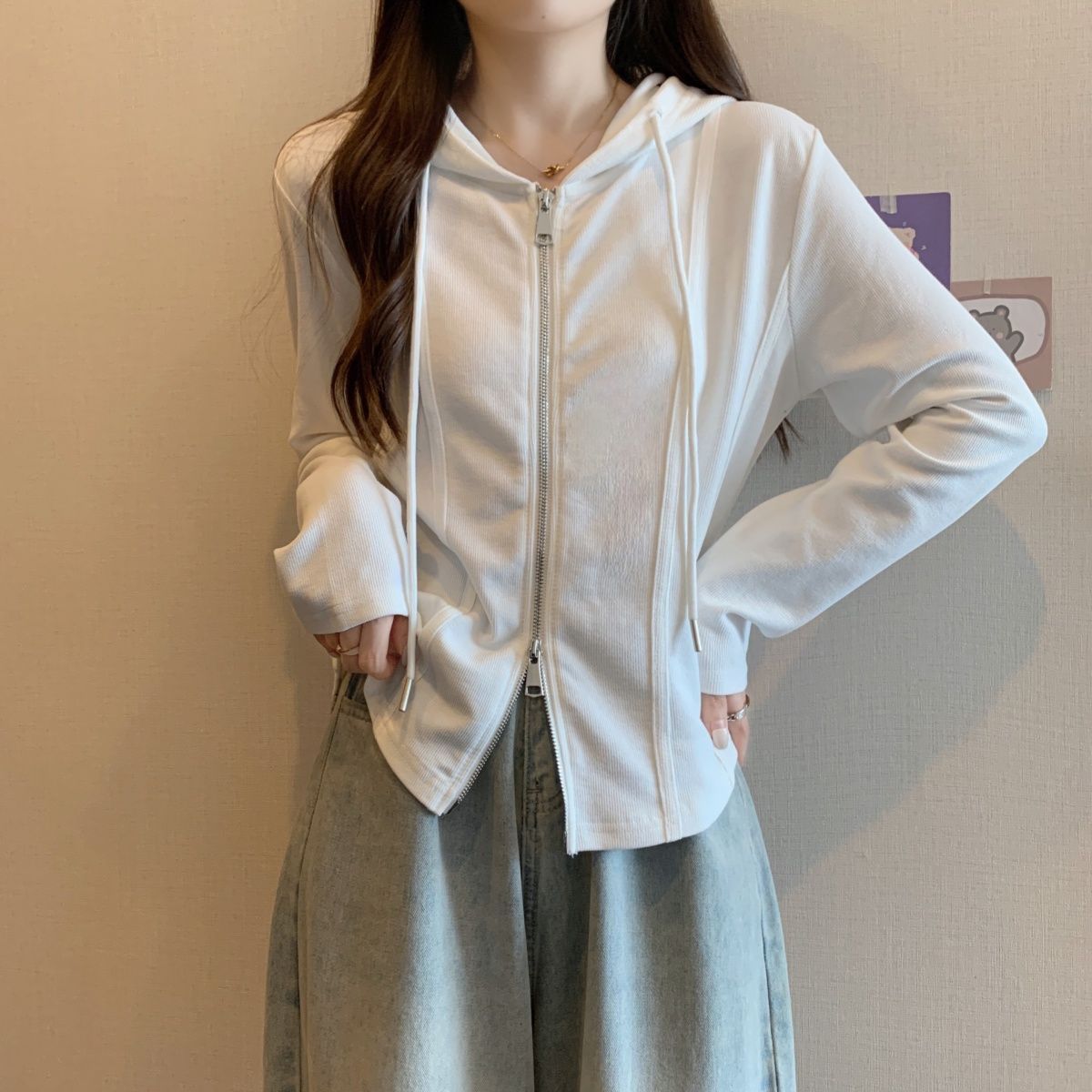 韓版顯瘦雙拉鍊不規則連帽寬鬆長袖T恤-HaloBless