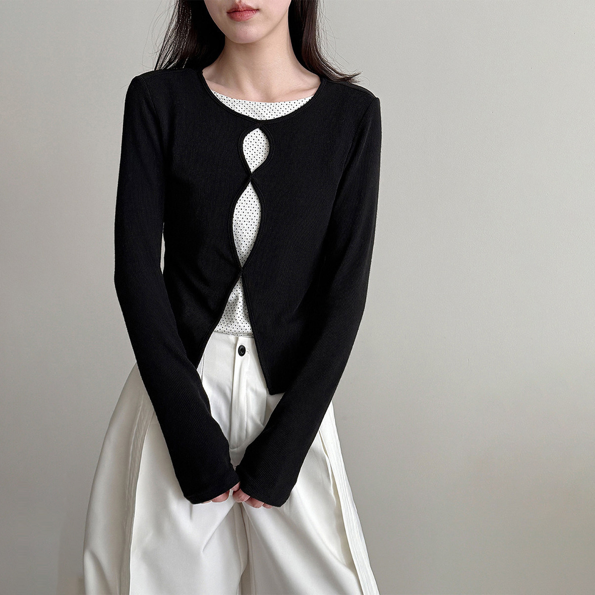 韓系設計感波點拼接鏤空假兩件修身顯瘦長袖T恤