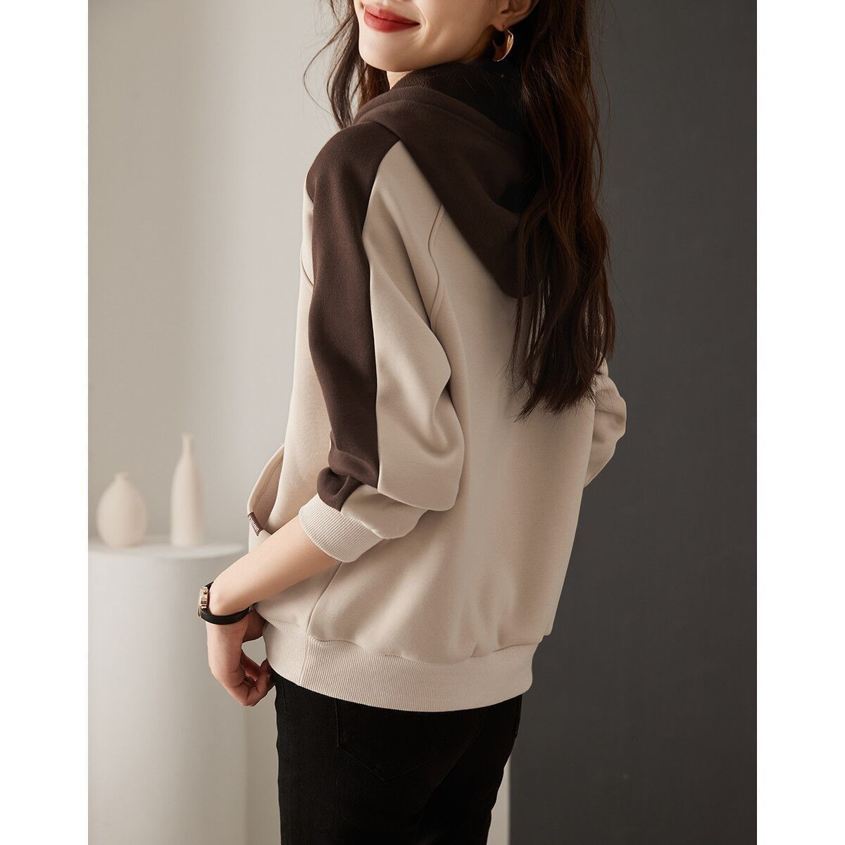 加絨加厚長袖洋氣連帽撞色寬鬆拼接衛衣-HaloBless