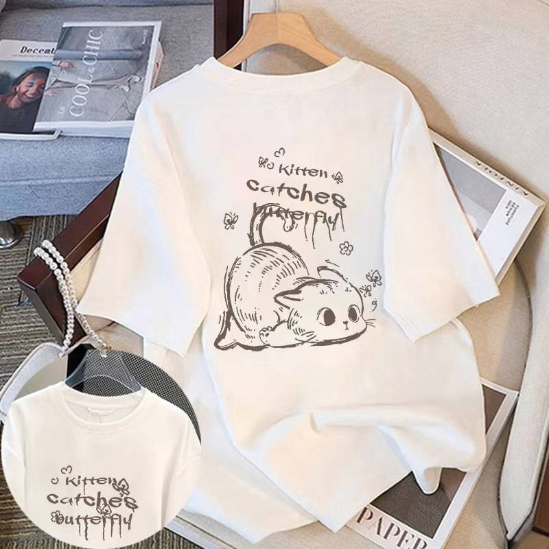 貓咪印花卡通可愛個性寬鬆透氣短袖T恤-HaloBless