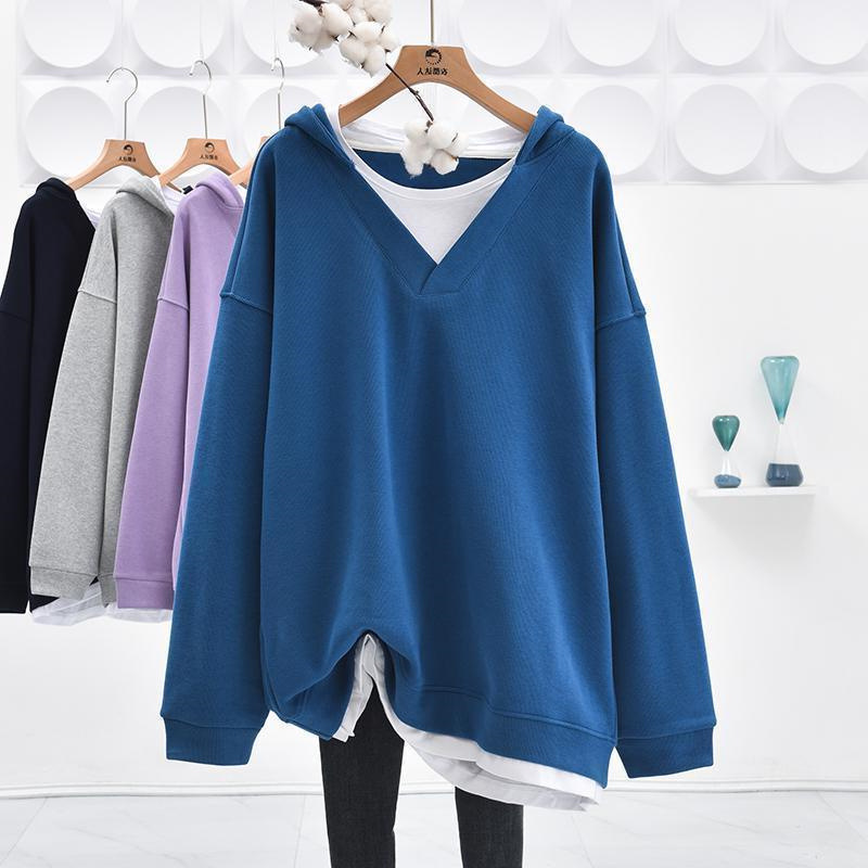 大碼寬鬆假兩件中長款百搭連帽長袖衛衣(6色)-HaloBless