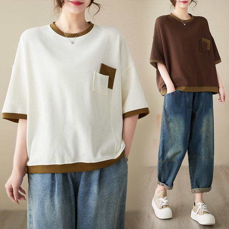 日韓寬鬆顯瘦設計感貼袋文藝撞色圓領中袖T恤