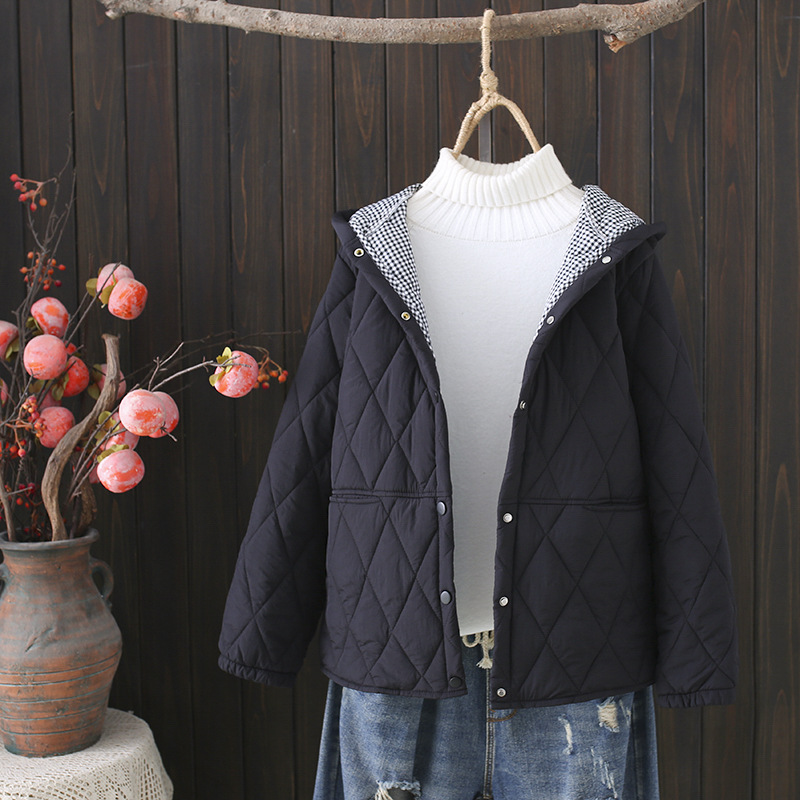 大碼羽絨棉連帽寬鬆輕薄格子拼接外套開衫-HaloBless