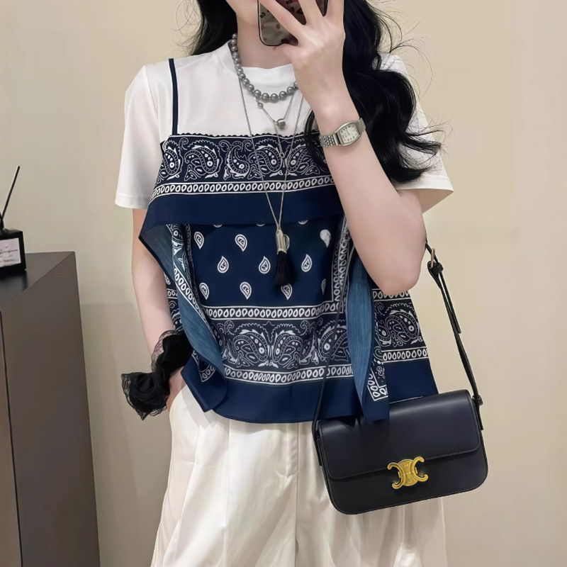 民族風設計感拼接時尚假兩件短袖T恤