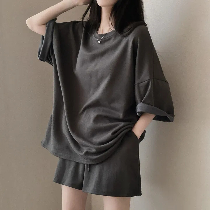 純棉韓版短袖T恤休閒短褲素色兩件套裝-HaloBless