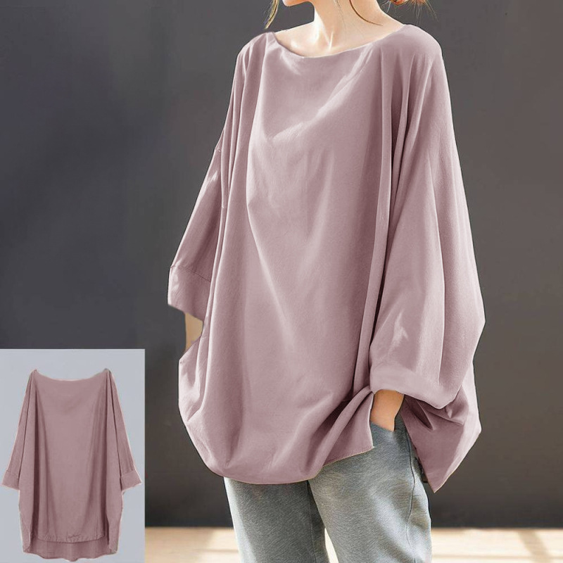 日韩休闲圓領蝙蝠袖寬鬆素色長袖T恤-HaloBless