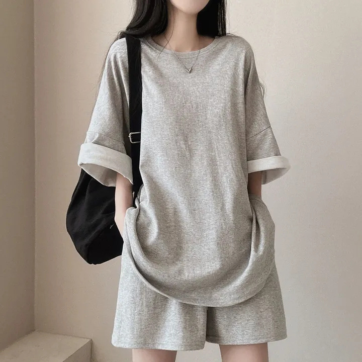 純棉韓版短袖T恤休閒短褲素色兩件套裝-HaloBless