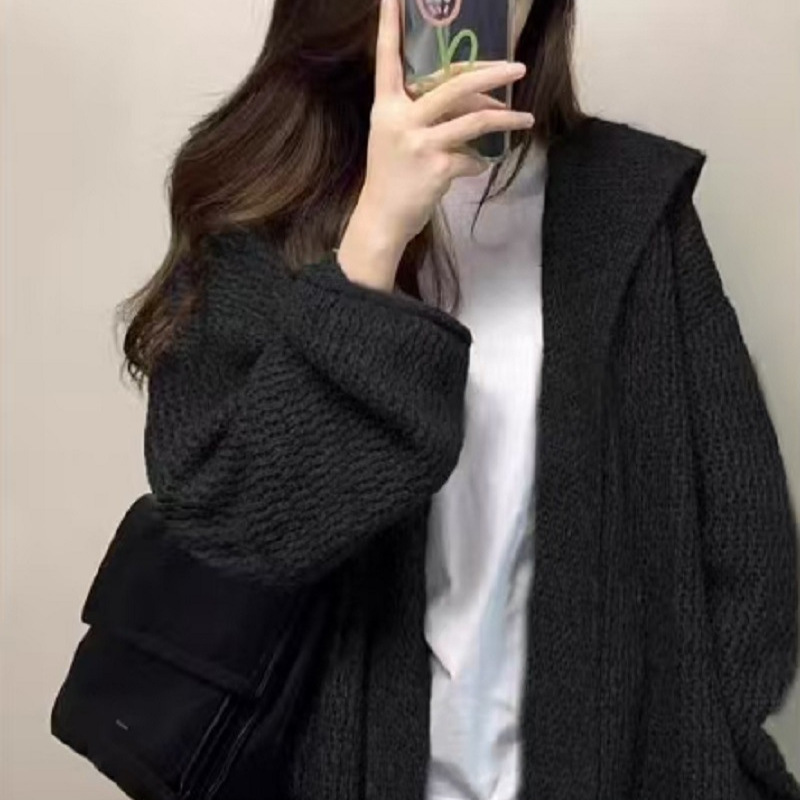 韓系氣質中長版寬鬆慵懶風連帽針織開衫