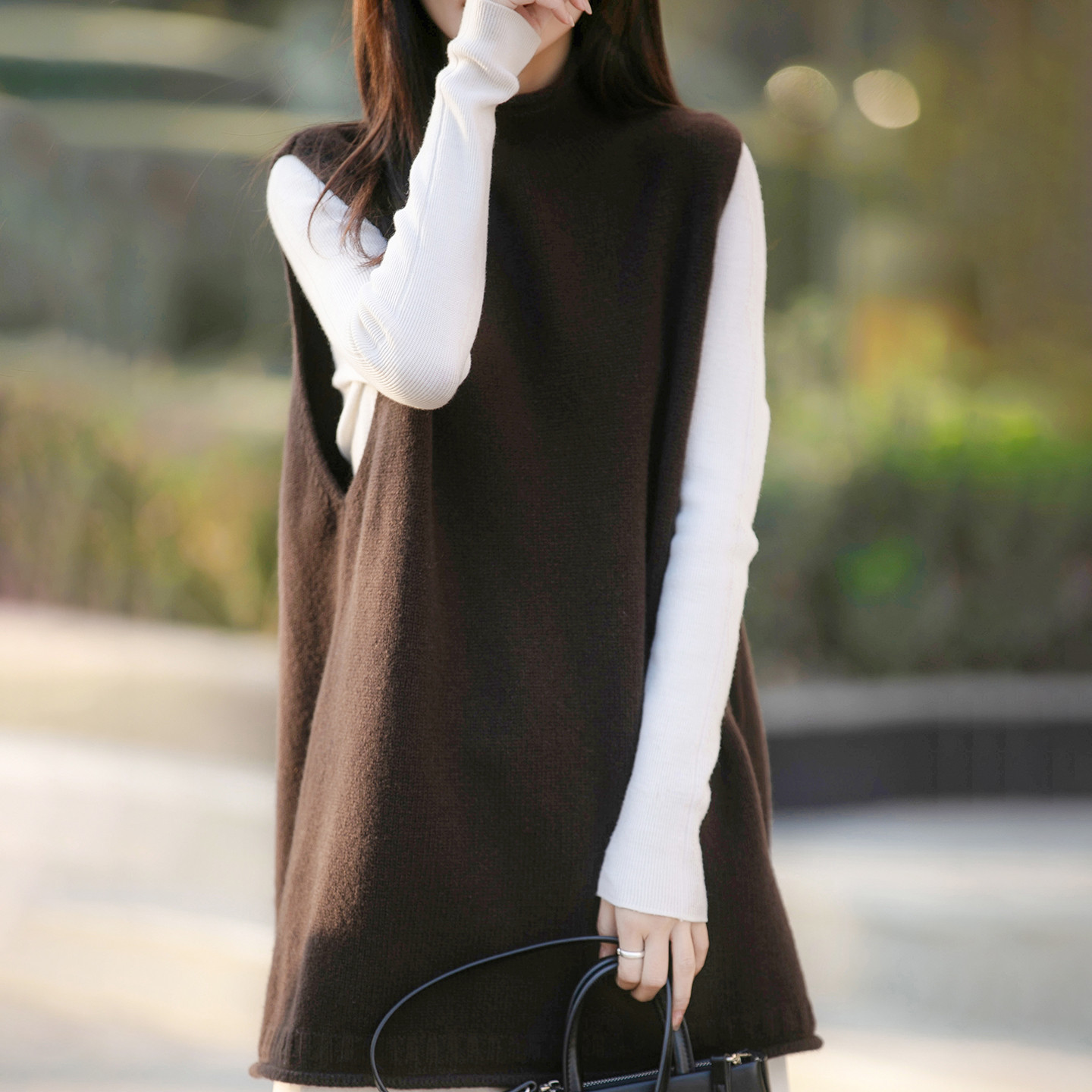 半高領中長版寬鬆背心坎肩羊毛針織馬甲