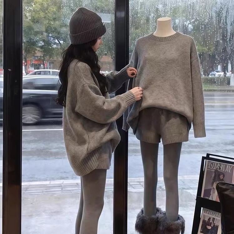 【整套】韓系慵懶針織年輕氣質寬鬆灰色毛衣+時尚高腰短褲兩件套裝