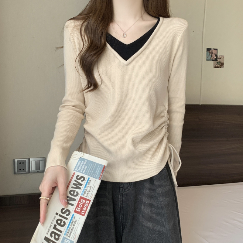 假兩件設計感正肩v領長袖內搭打底衫-HaloBless