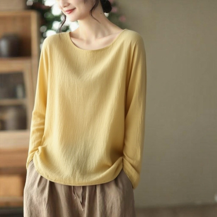 薄款內搭棉麻寬鬆休閒慵懶風長袖T恤-HaloBless