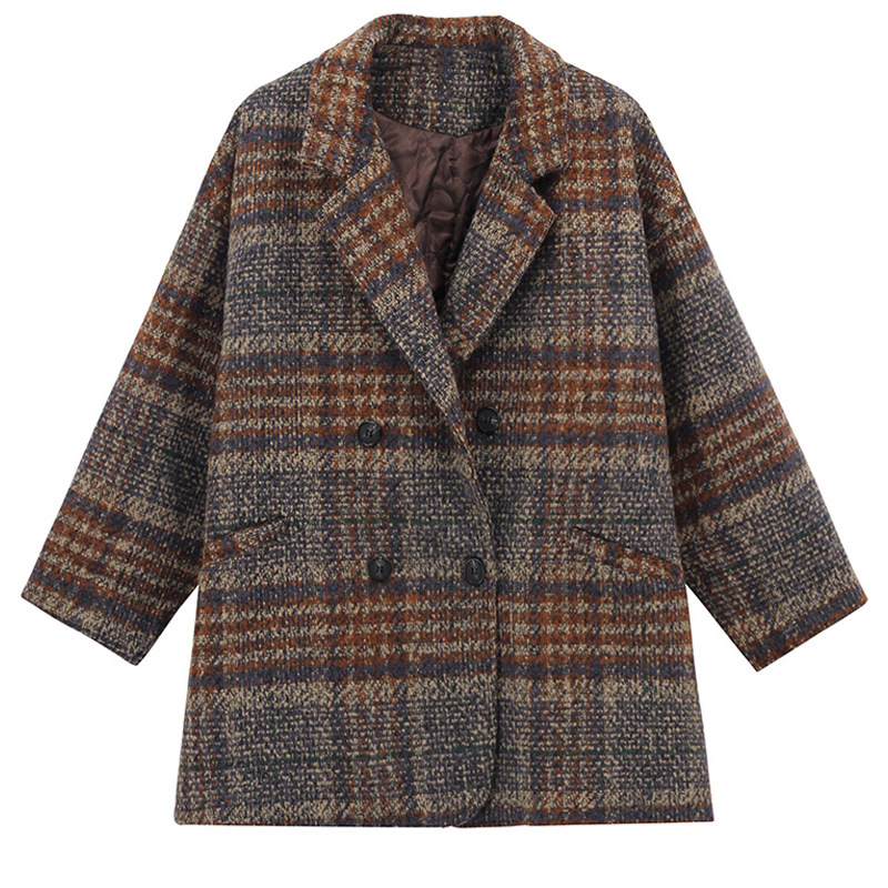 格子毛呢流行韓版寬鬆呢子大衣中長款外套夾克-HaloBless