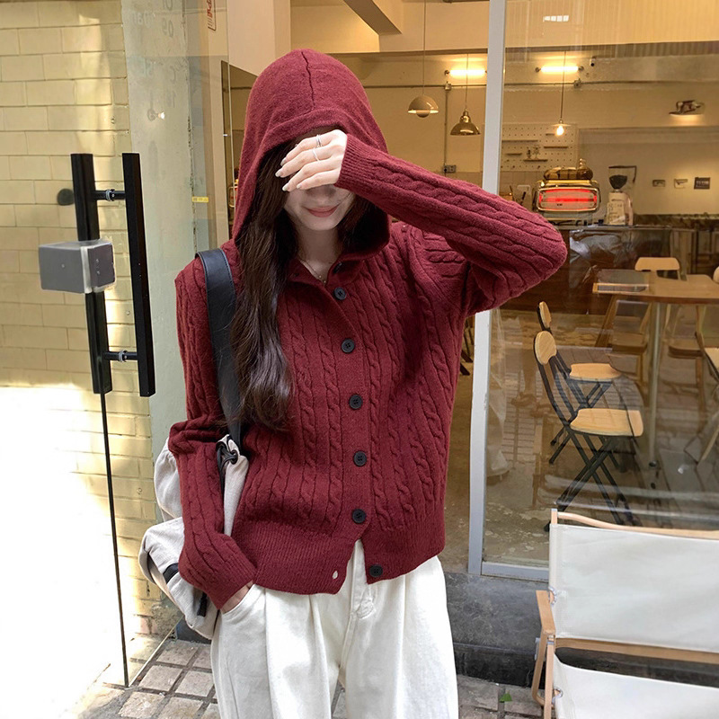 設計感顯瘦氣質百搭連帽長袖針織開衫