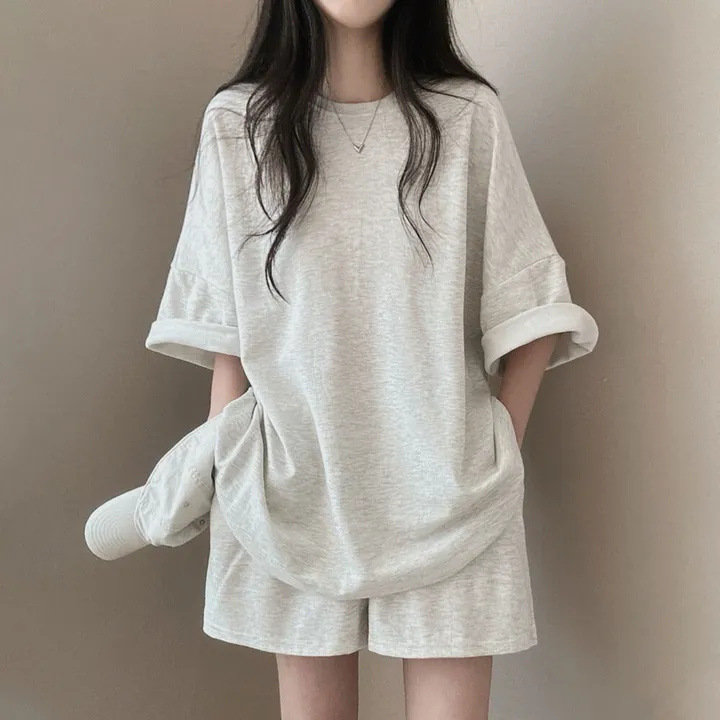純棉韓版短袖T恤休閒短褲素色兩件套裝-HaloBless