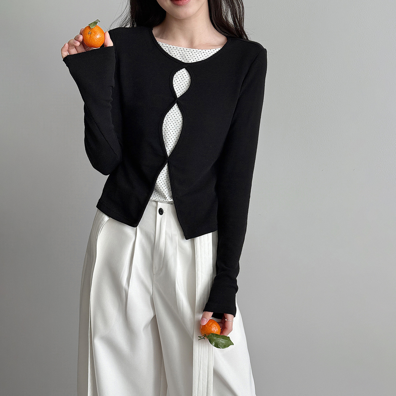 韓系設計感波點拼接鏤空假兩件修身顯瘦長袖T恤