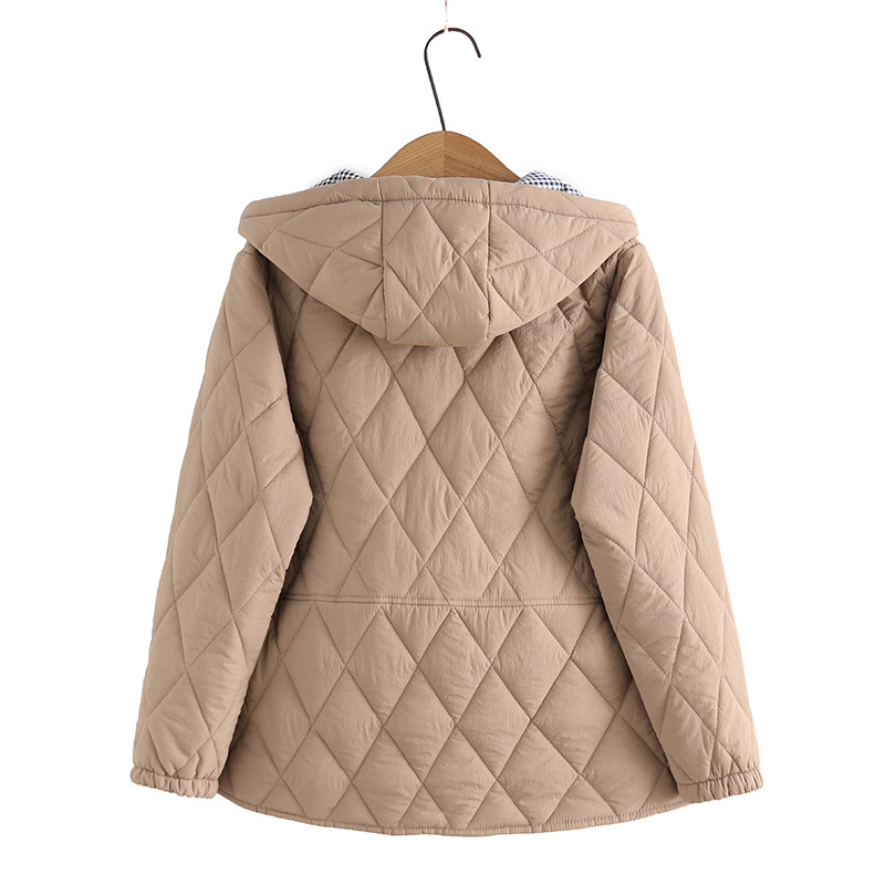 大碼羽絨棉連帽寬鬆輕薄格子拼接外套開衫-HaloBless