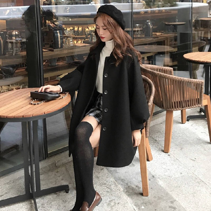 韓版寬鬆百搭中長款毛呢外套