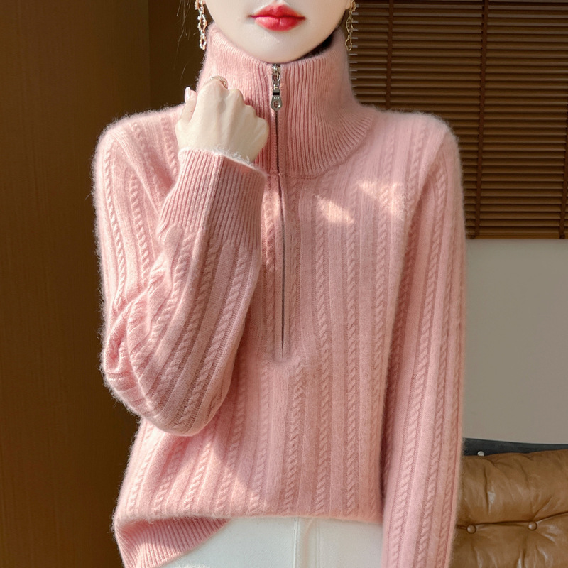 百搭顯瘦半拉鍊素色麻花針織毛衣