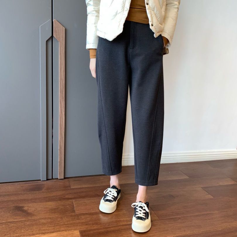 刷毛加厚高腰顯瘦蘿蔔褲休閒毛呢哈倫褲