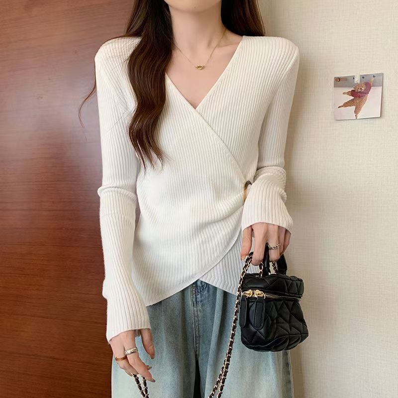 小香風v領坑條寬鬆顯瘦大碼長袖T恤