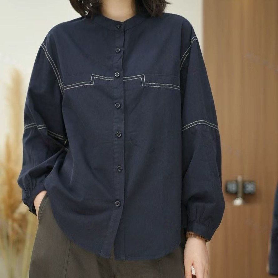 時尚明線設計顯瘦洋氣減齡休閑長袖襯衫-HaloBless