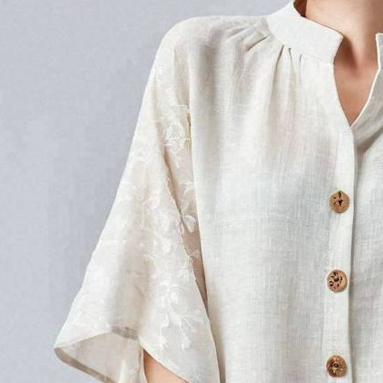 日系小高領門襟系扣休閑拼接提花中袖襯衫