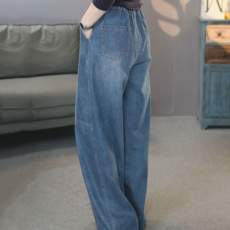 美式彎刀闊腿高腰寬鬆顯瘦大碼拖地牛仔褲-HaloBless