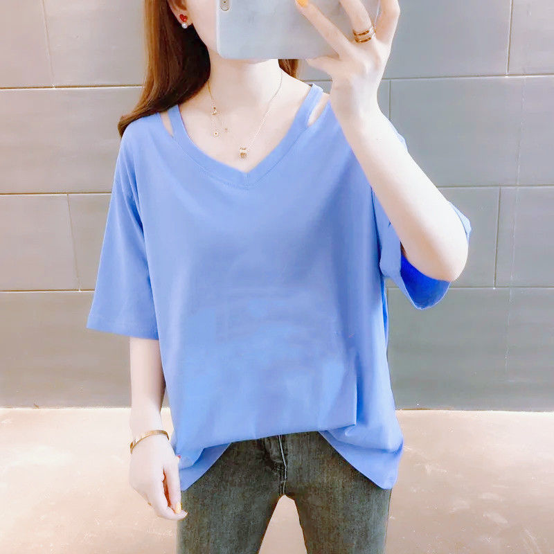 Ins潮流設計感休閒百搭洋氣寬鬆V領短袖