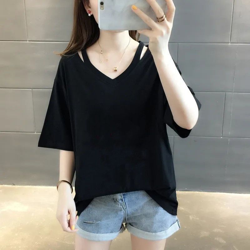 Ins潮流設計感休閒百搭洋氣寬鬆V領短袖