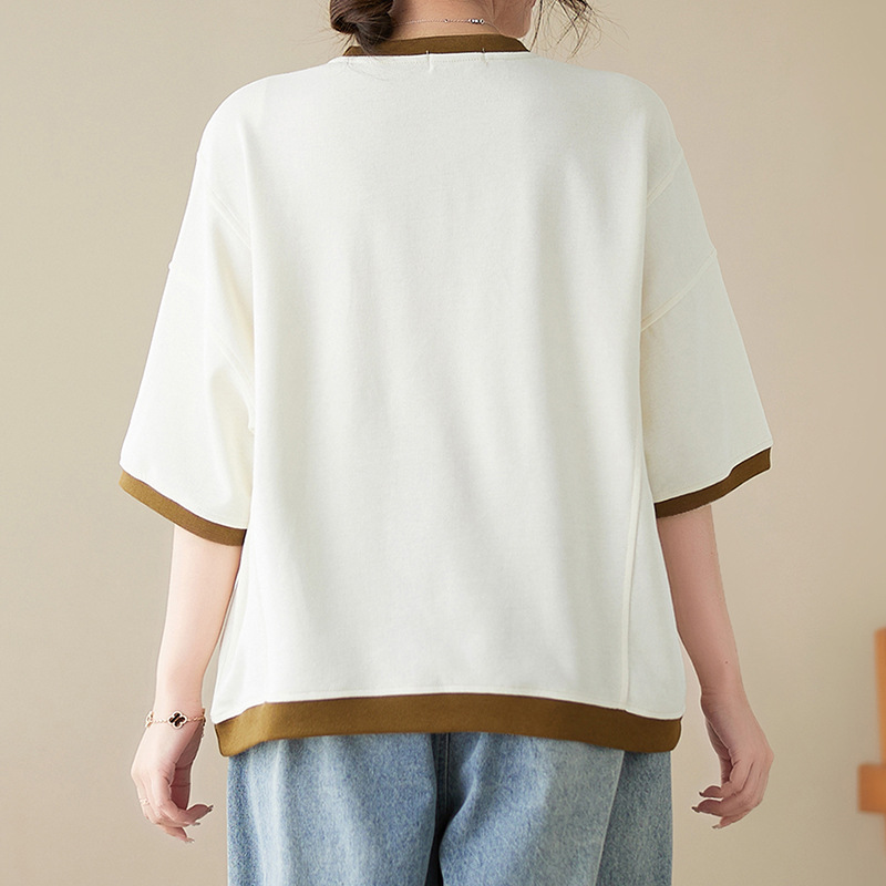 日韓寬鬆顯瘦設計感貼袋文藝撞色圓領中袖T恤
