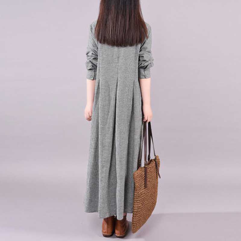 韓版時尚寬鬆大碼顯瘦格子長袖洋裝-HaloBless