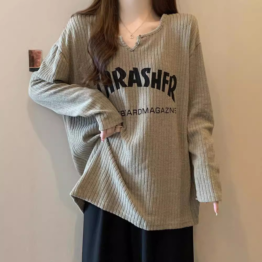 字母印花大碼寬鬆顯瘦休閒長袖T恤