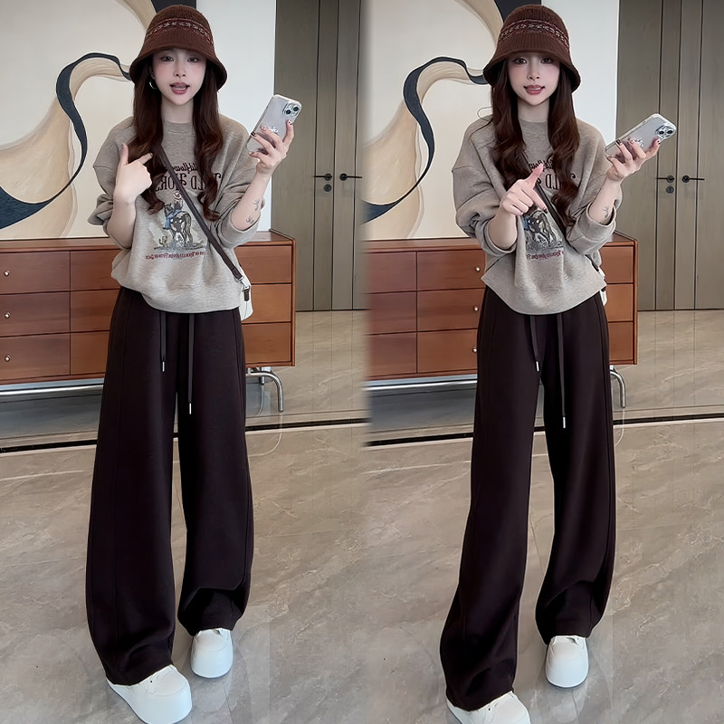 【單件/套裝】時髦印花圓領長袖+闊腿褲兩件套裝