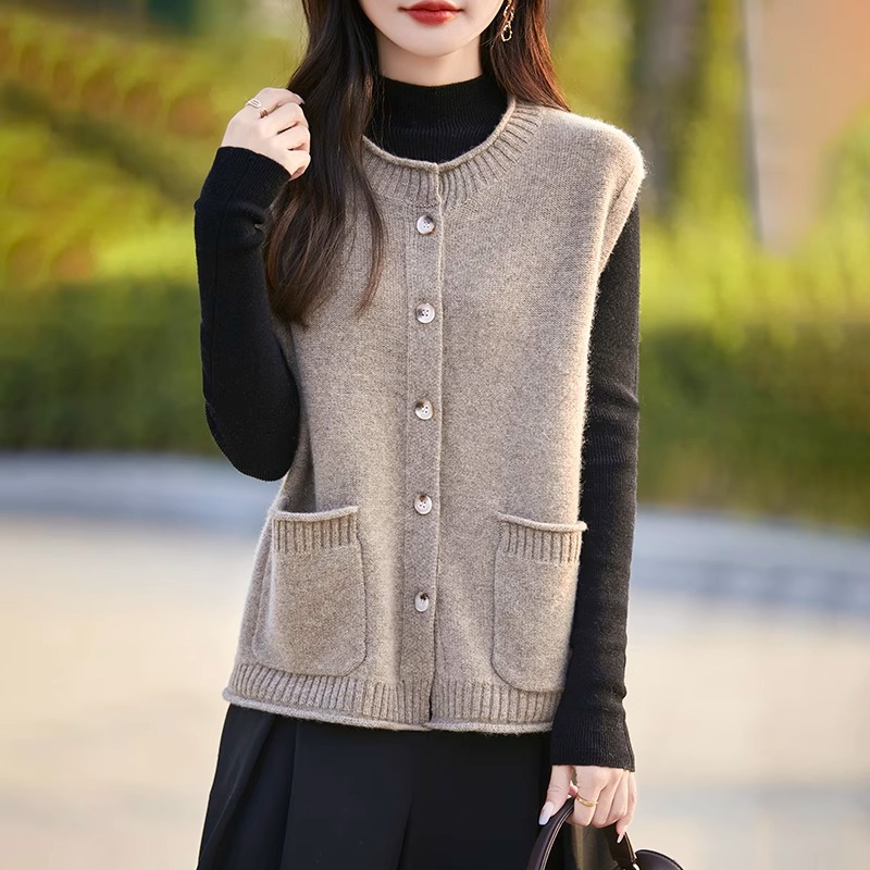 針織毛衣圓領疊穿系扣馬甲開衫