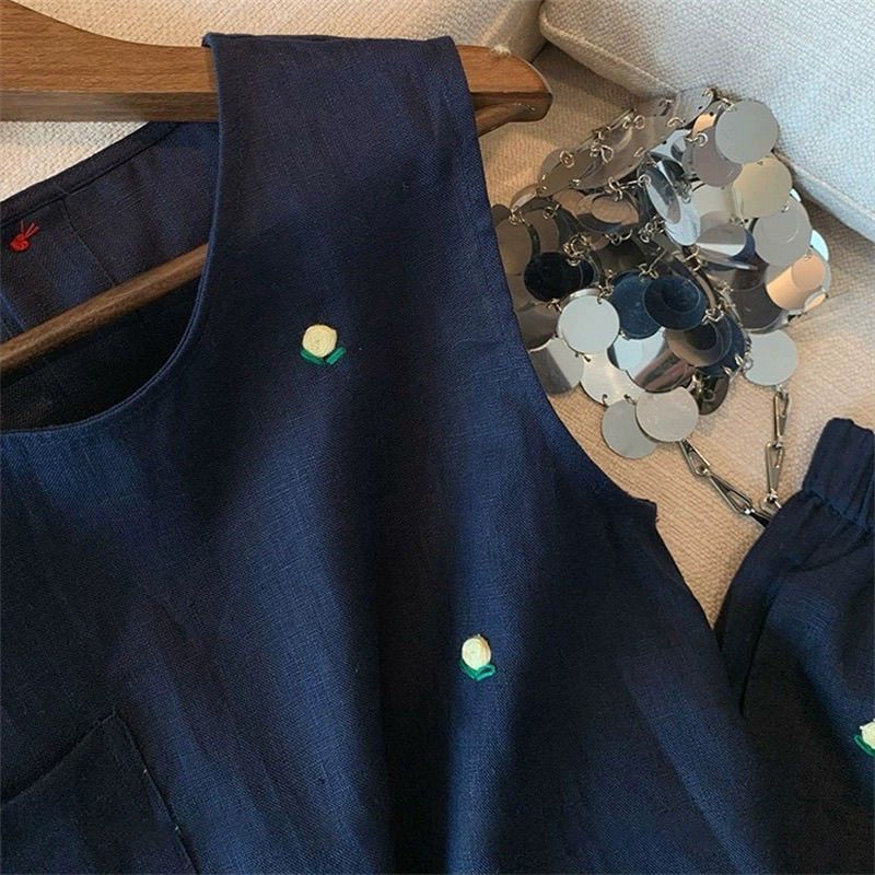 【套裝】設計感重工刺繡棉麻無袖背心寬鬆短褲兩件套裝