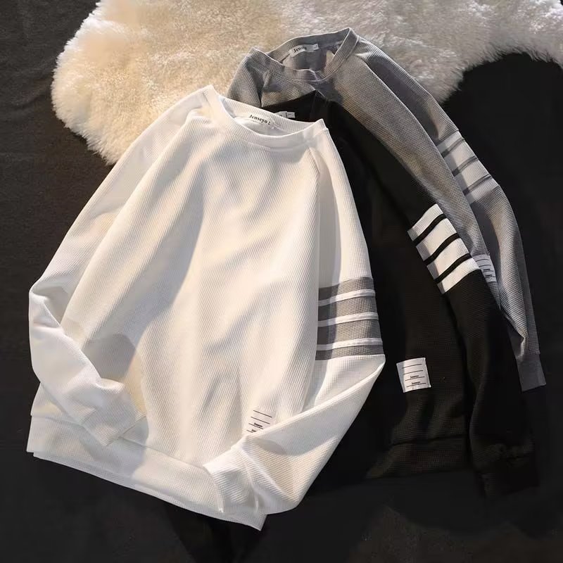 華夫格四條杠情侶款休閒長袖T恤-HaloBless