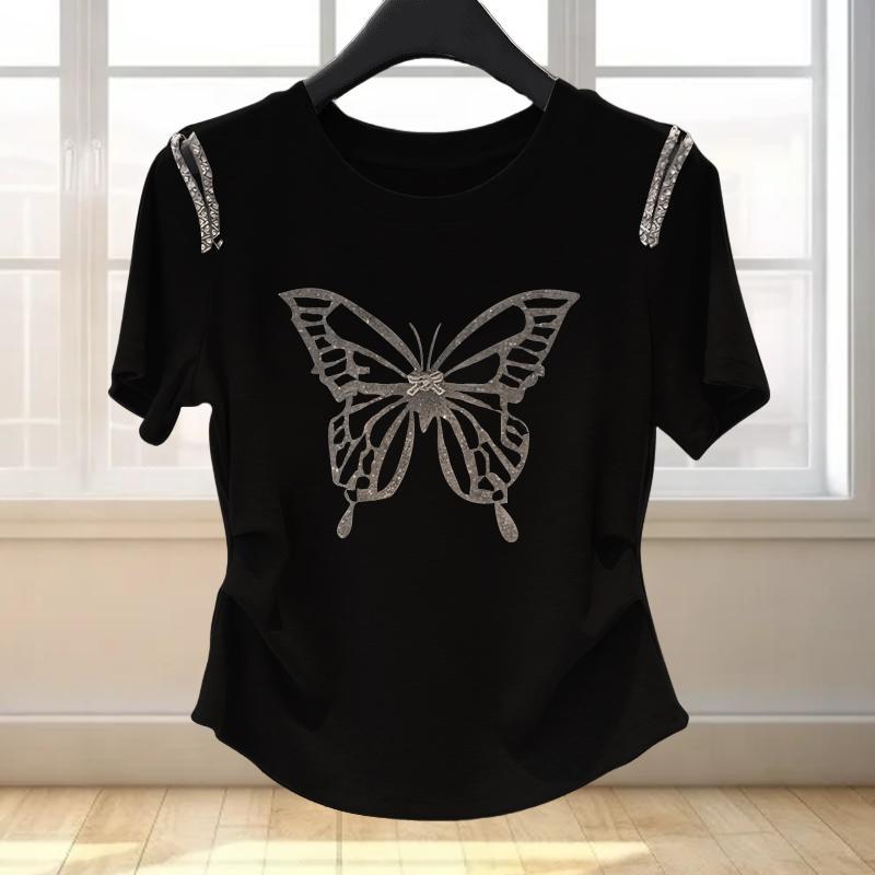 圓領蝴蝶燙鑽微露肩時尚短袖T恤-HaloBless