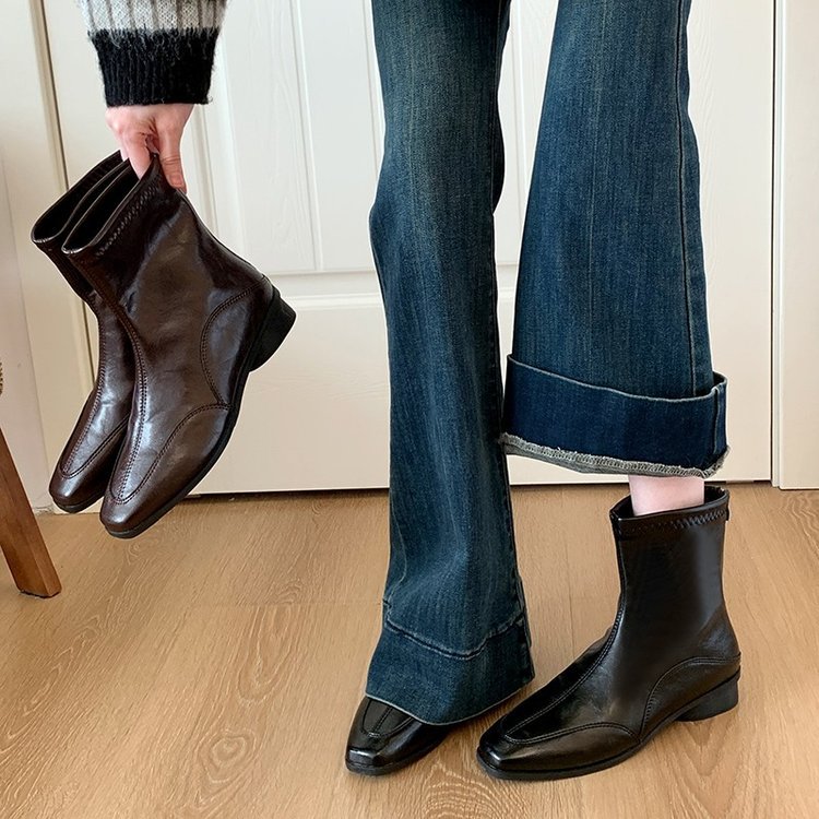 法式時尚短靴低跟平底方頭馬丁靴