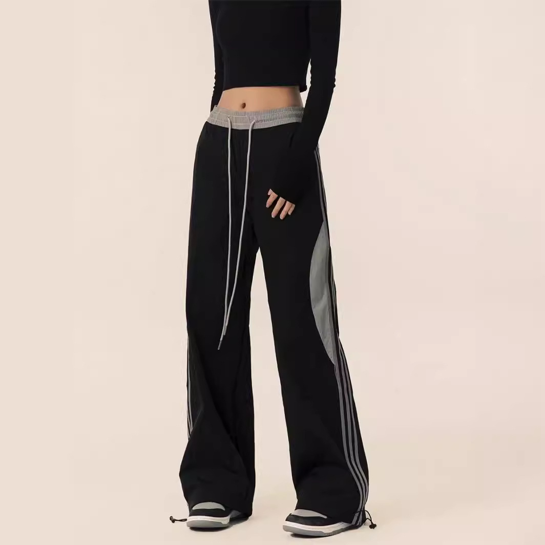 美式三條杠直筒闊腿垂感工裝運動風褲裝-HaloBless