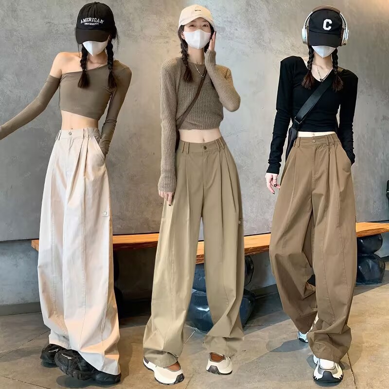 美式高腰顯瘦寬鬆休閒運動工裝闊腿褲-HaloBless