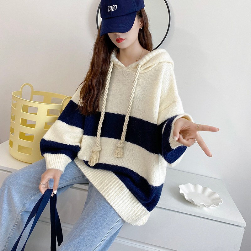 韓版潮流寬鬆條紋慵懶風連帽套頭毛衣