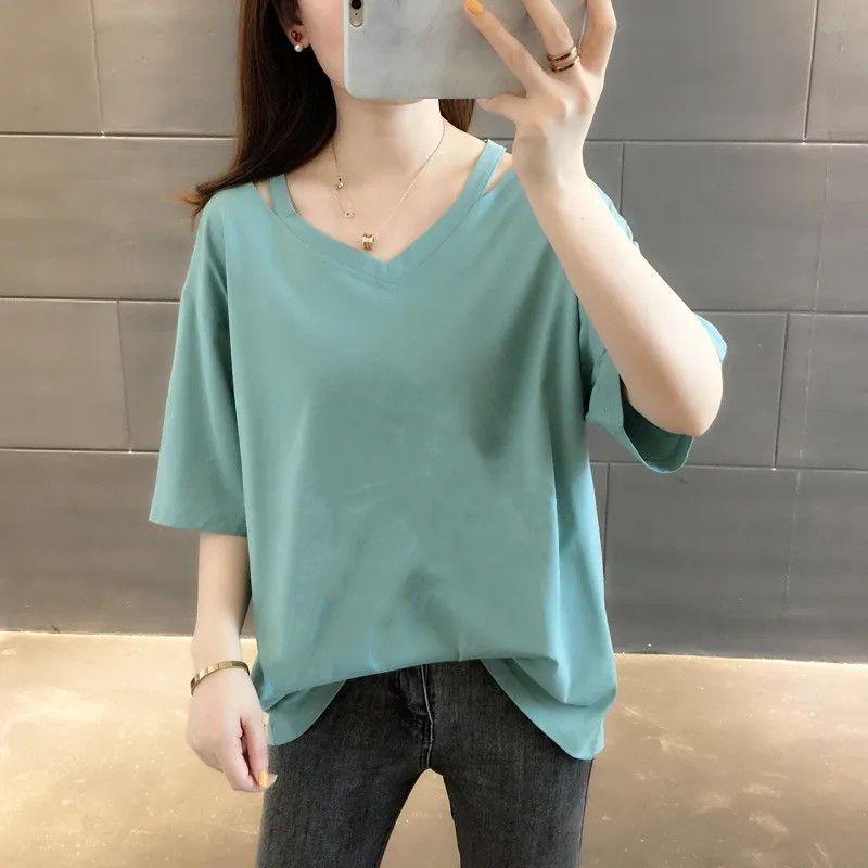 Ins潮流設計感休閒百搭洋氣寬鬆V領短袖