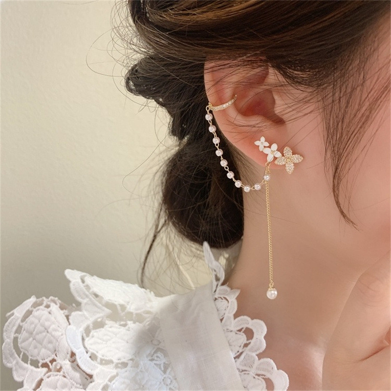 法式小眾設計感花朵蝴蝶耳掛珍珠耳夾一體式耳釘