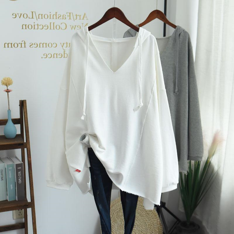 時尚休閒純色V領連帽寬鬆中長款長袖衛衣-HaloBless