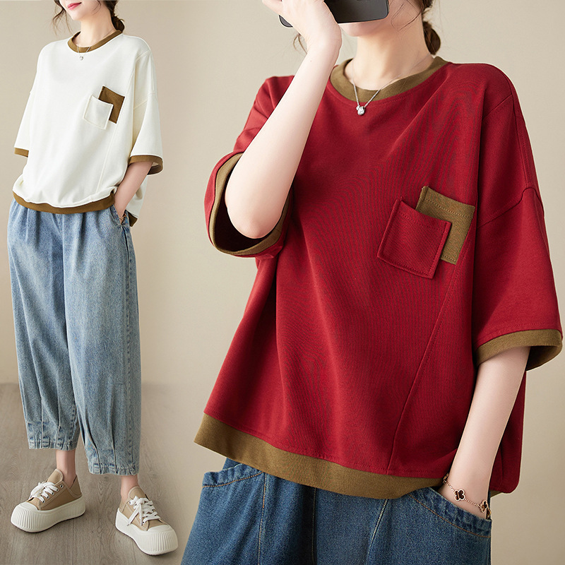 日韓寬鬆顯瘦設計感貼袋文藝撞色圓領中袖T恤